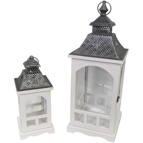 Set 2 Lanterne in Legno in Metallo bianco argento quadro
