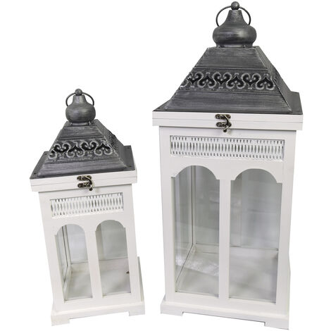 Set 2 Lanterne in Legno in Metallo bianco argento quadro
