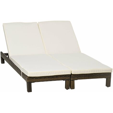 Set 2 Lettini Prendisole 196x60x22 cm in Rattan PE Marrone e Bianco