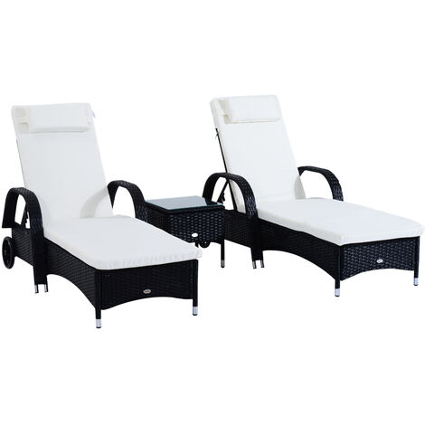 Set 2 Lettini Prendisole da Giardino in Rattan Sintetico con Materassino Imbottito e Tavolino Nero