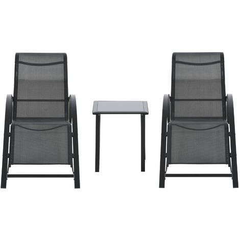 Set 2 Lettini Prendisole e Tavolino con Ripiano 59x169x66 cm in Tessuto Traspirante e Metallo Nero