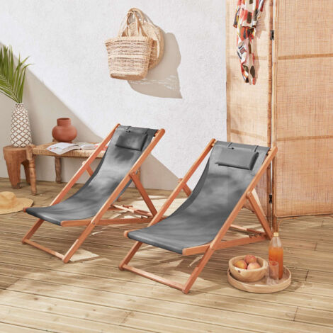Set 2 lettini prendisole in legno con cuscino poggiatesta