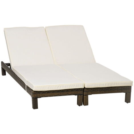 SET 2 LETTINI PRENDISOLE IN RATTAN PE CON CUSCINO E SCHIENALE 5 RECLINAZIONI, 196X60X22CM