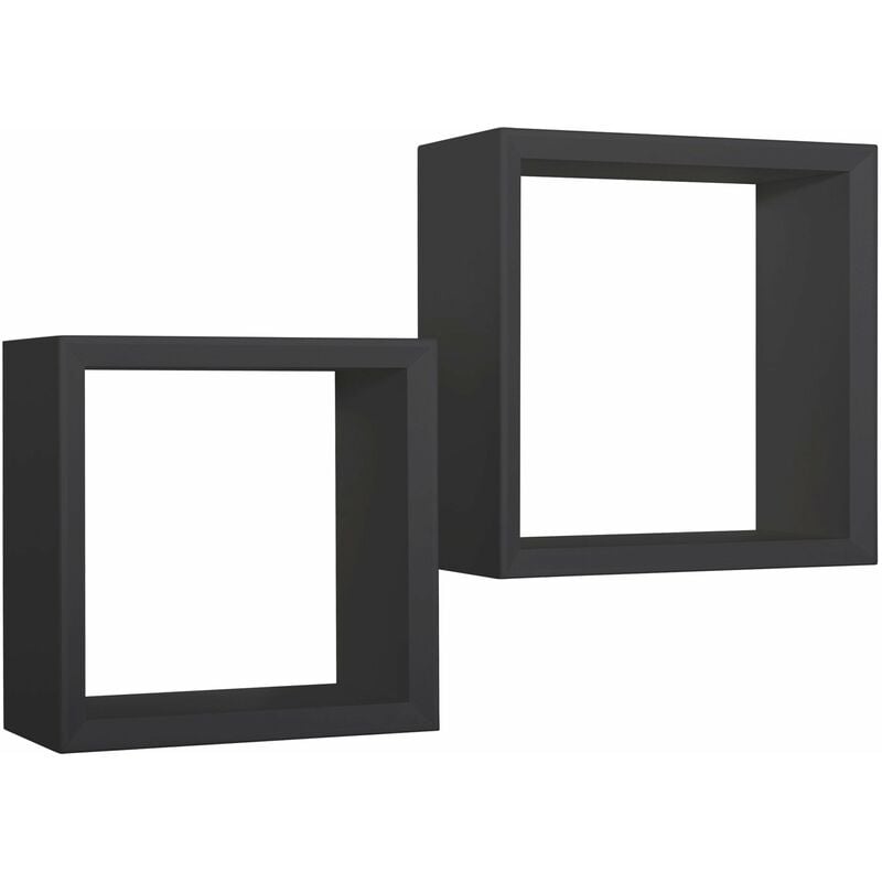 Set 2 Mensole Cubo da Parete Quadrato in Fibra di Legno Ginevra Nero