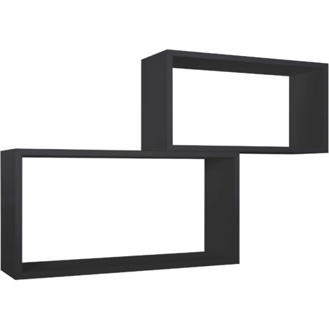 Set 2 Mensole Cubo da Parete Rettangolare in Fibra di Legno Bislungo Nero