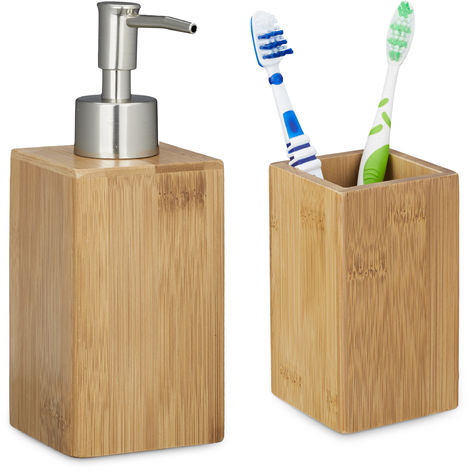 Dispenser Sapone Accessori Bagno.Set 2 Pezzi Accessori Bagno In Bambu Bicchiere Portaspazzolini Dispenser Sapone Manuale Erogatore Marrone 2100230951752