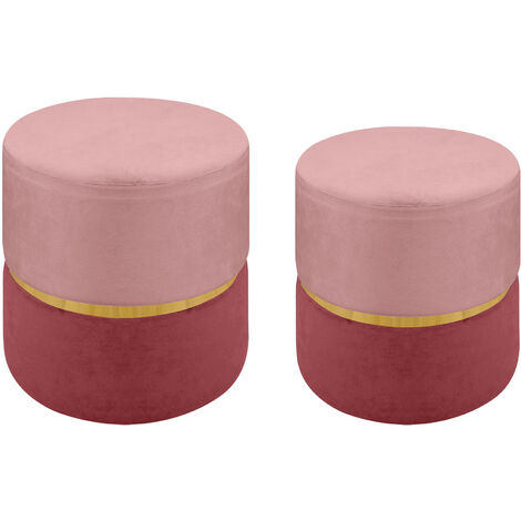 Set 2 Pezzi Coppia Di Pouf Cilindro Poggiapiedi Camera Design Pouff Cameretta Con Fascia Dorata Salotto In Velluto Sgabello  Rosa