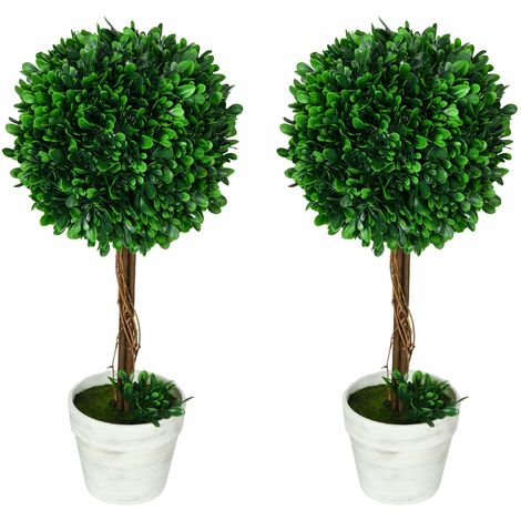 Set 2 Piante Artificiali Alberi di Bosso da Interno ed Esterno Ø28x60 cm con Vaso Verde