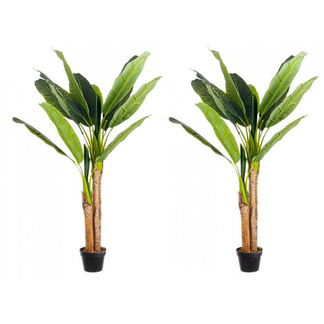 Set 2 Piante Artificiali di Banano 135 cm in Plastica con Vasi Verde