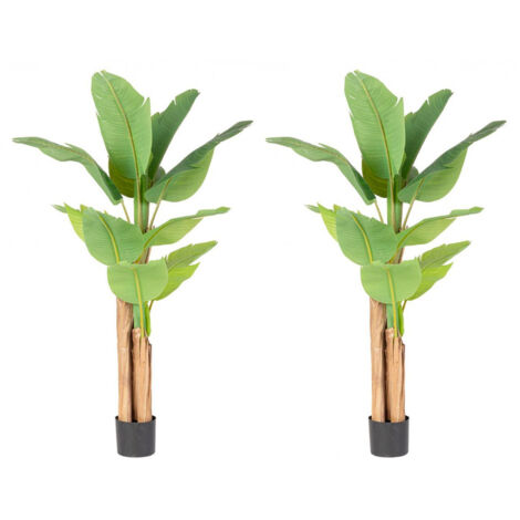 Set 2 Piante Artificiali di Banano 90x110x150 cm in Plastica con Vasi Verde