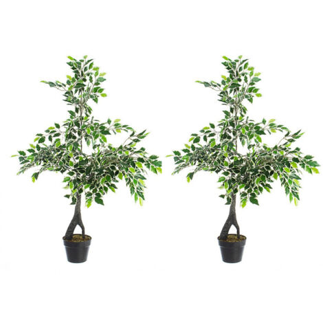 Set 2 Piante Artificiali di Ficus 120 h in Plastica con Vasi Verde