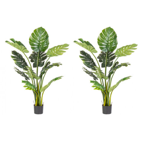 Set 2 Piante Artificiali di Filodendro 115x105x150 cm in Plastica con Vasi Verde