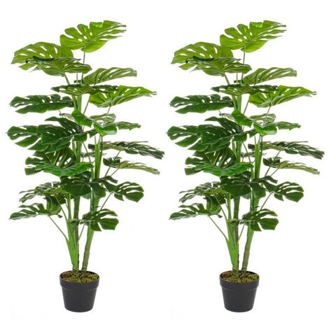 Set 2 Piante Artificiali di Filodendro 60x60x120 cm in Plastica con Vasi Verde