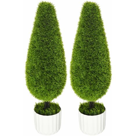 Set 2 Piante Cipresso Artificiali H90 Cm con Vaso Ø12x16 cm Verde e Bianco