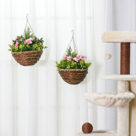 Set 2 Piante Finte di Lisianthus con Vaso e Gancio, Piante Artificiali in PE e Vimini, Ø25x34 cm, Verde e Rosa