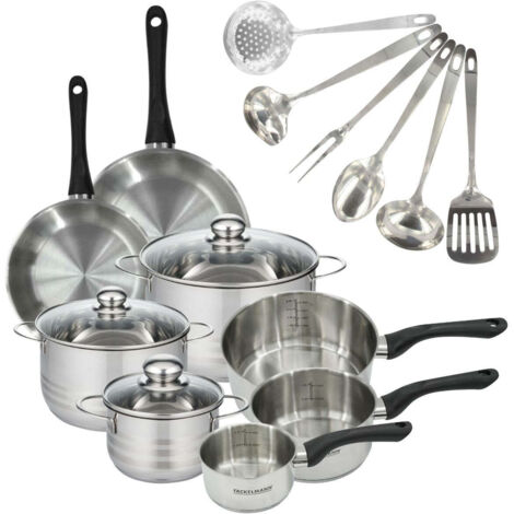 Set 2 poêles 20 24 cm 3 casseroles 12 16 20 cm, 3 faitouts 16, 20 et 24 cm en inox et 6 ustensiles inox Fackelmann Geneva