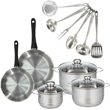 Set 2 poêles 20 24 cm, 3 faitouts 16, 20 et 24 cm en inox et 6 ustensiles inox Fackelmann Geneva