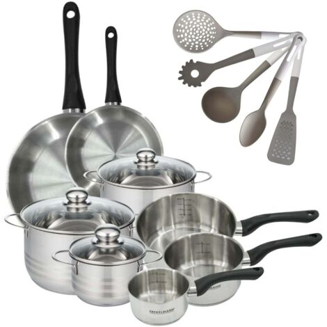 Set 2 poêles 20 28 cm, 3 casseroles 12 16 20 cm, 3 faitouts 16, 20 et 24 cm en inox et 5 ustensiles Fackelmann Geneva