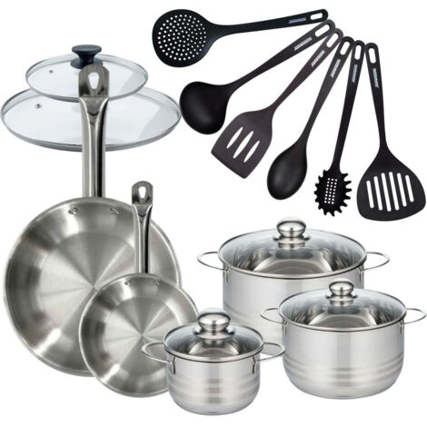 Set 2 poêles 20 28 cm en inox, 2 couvercles verre, 3 faitouts inox 16, 20 et 24 cm et 6 ustensiles RPET Fackelmann Eterna