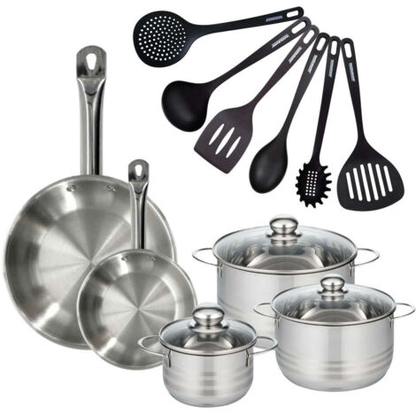 Set 2 poêles 20 28 cm en inox, 3 faitouts inox 16, 20 et 24 cm et 6 ustensiles RPET Fackelmann Eterna