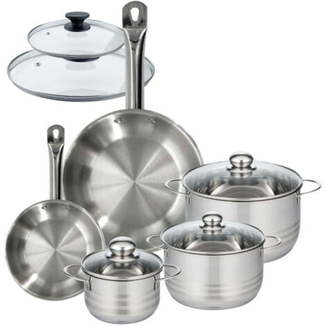 Set 2 poêles 20 28 cm en inox et 2 couvercles verre, 3 faitouts inox 16, 20 et 24 cm Fackelmann Eterna