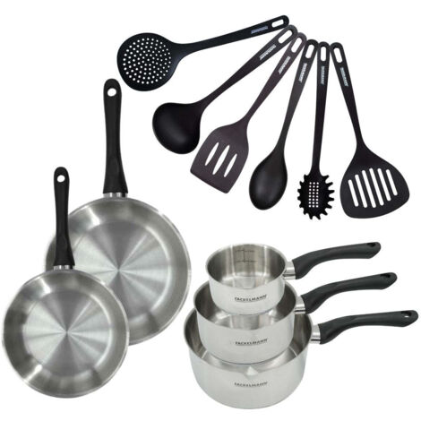 Set 2 poêles 20 et 24 cm 3 casseroles 12 16 et 20 cm en inox et 6 ustensiles Fackelmann Geneva