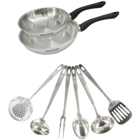 Set 2 poêles 20 et 24 cm en inox et 6 ustensiles inox Fackelmann Geneva
