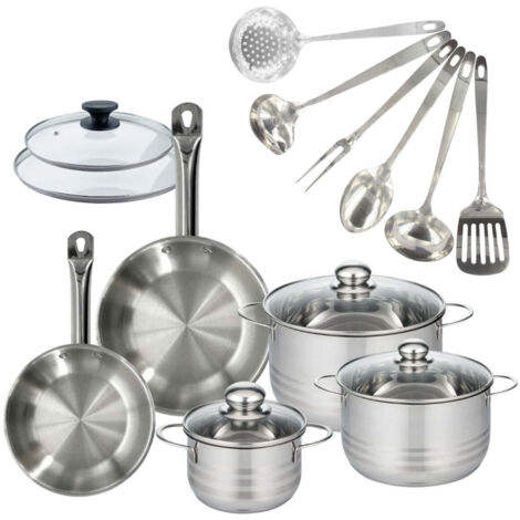 Set 2 poêles 20 et 24 cm en inox et couvercles, 3 faitouts inox 16, 20 et 24 cm et 6 ustensiles inox Fackelmann Eterna