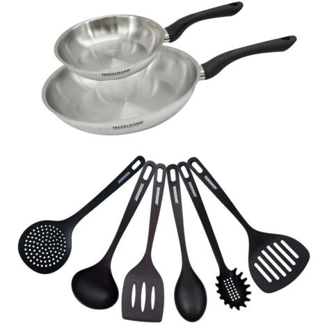 Set 2 poêles 20 et 28 cm en inox et 6 ustensiles Fackelmann Geneva