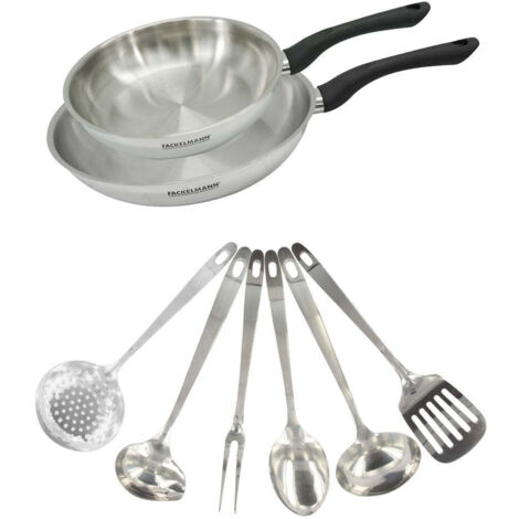 Set 2 poêles 20 et 28 cm en inox et 6 ustensiles inox Fackelmann Geneva