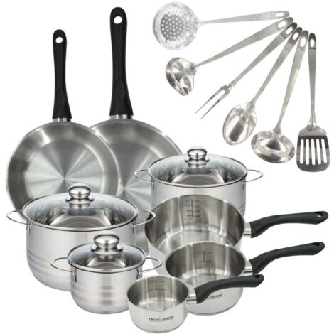 Set 2 poêles 24 28 cm, 3 casseroles 12 16 20 cm, 3 faitouts 16, 20 et 24 cm en inox et 6 ustensiles inox Fackelmann Geneva