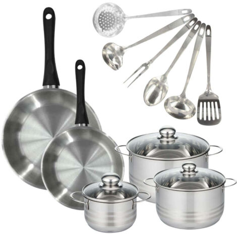 Set 2 poêles 24 28 cm, 3 faitouts 16, 20 et 24 cm en inox et 6 ustensiles inox Fackelmann Geneva
