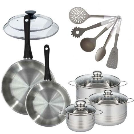 Set 2 poêles 24 28 cm avec couvercle, 3 faitouts 16, 20 et 24 cm en inox et 5 ustensiles Fackelmann Geneva