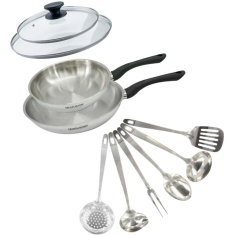 Set 2 poêles 24 et 28 cm en inox, couvercle verre et 6 ustensiles inox Fackelmann Geneva
