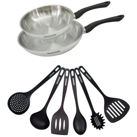 Set 2 poêles 24 et 28 cm en inox et 6 ustensiles Fackelmann Geneva