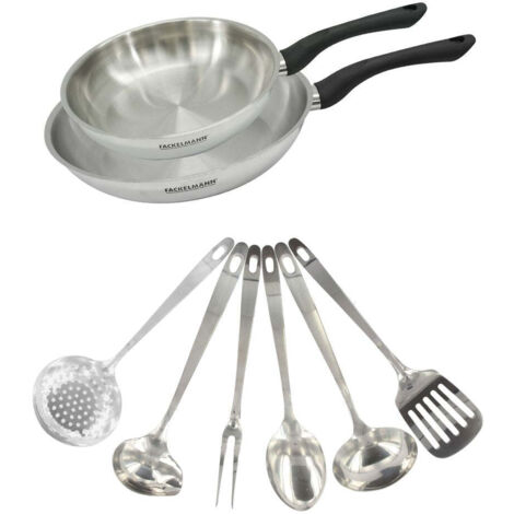 Set 2 poêles 24 et 28 cm en inox et 6 ustensiles inox Fackelmann Geneva