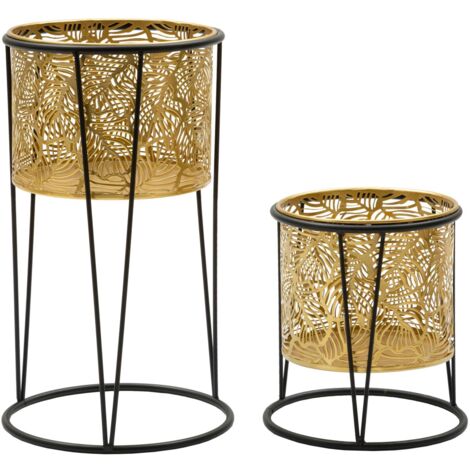 Set 2 Portavasi Ø21x40-19x22 cm in Metallo Nero e Oro