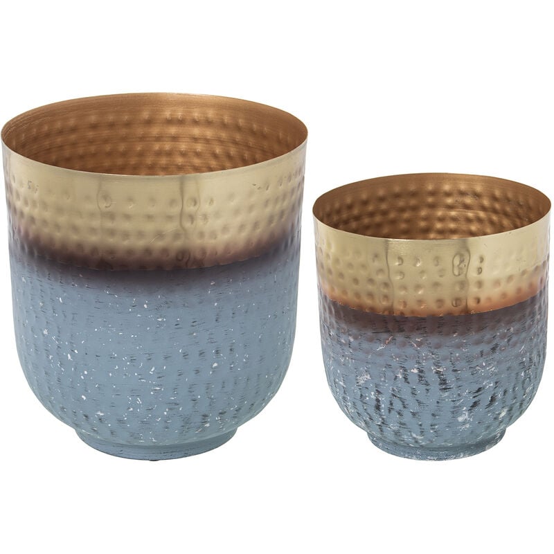 Lot de 2 Pots de Fleurs en Métal Doré/Bleu Clair 26X26X30+21X21X24 Cm