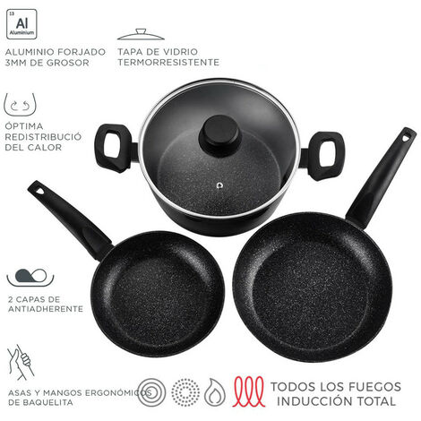 Set 2 Pots + 1 Pot Vivant Noir Aluminium 3004 Fagor