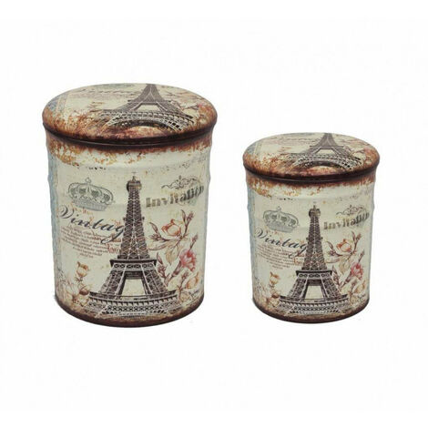 Set 2 Pouf Contenitore Tondo in MDF Torre Eiffel