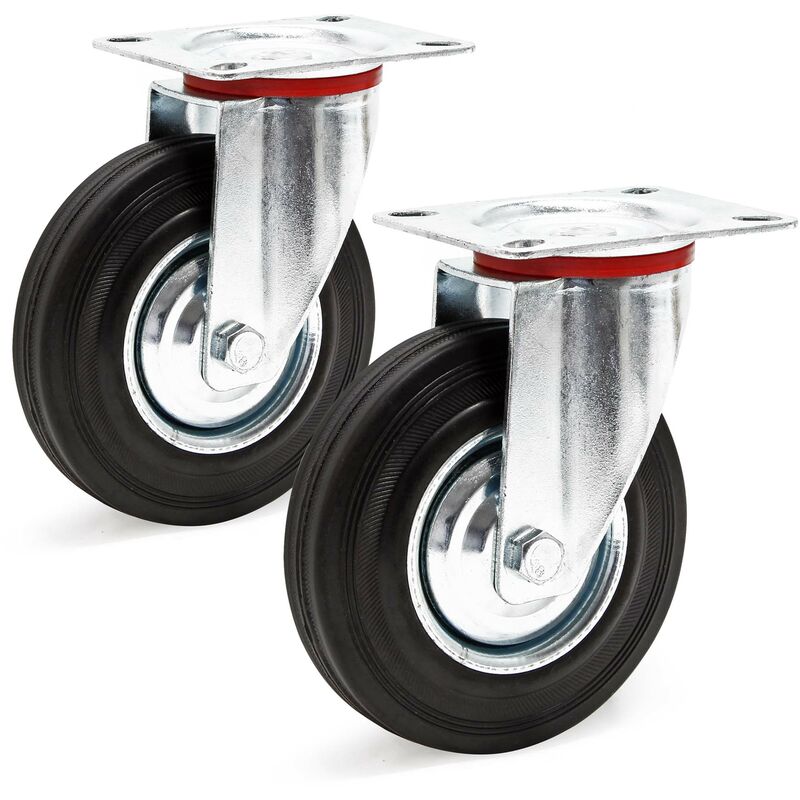 Image of Wiltec - Set 2 ruote piroettanti in gomma piena 125mm Cerchi in metallo e piastra di fissaggio 100kg/ruota