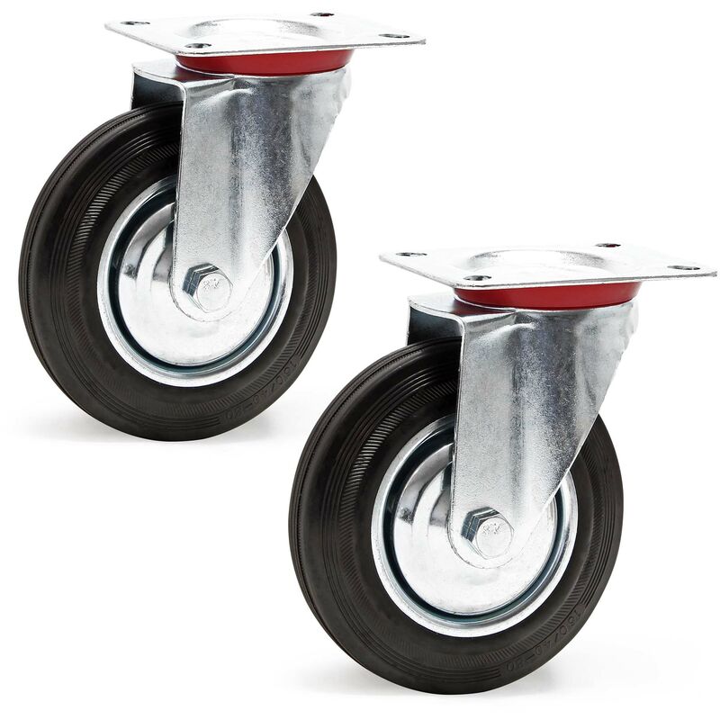 Image of Wiltec - Set 2 ruote piroettanti in gomma piena 160mm Cerchi in metallo e piastra di fissaggio 130kg/ruota