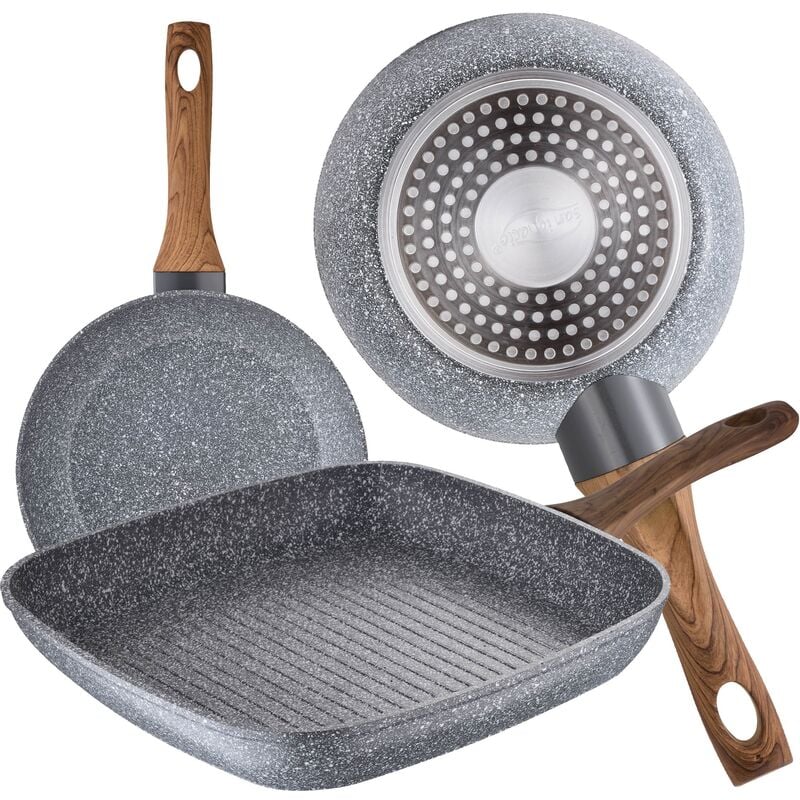 

San Ignacio - Set 2 sartenes Ø18 Ø22 y asador grill 28x28 cms, Daimiel, aluminio forjado, inducción