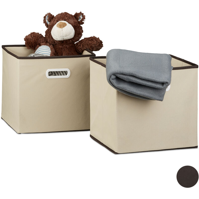 Relaxdays - Set of 2 Folding Boxes, Square, Size: 30 x 30 x 30 cm, Storage Basket, Shelf Organiser, Beige