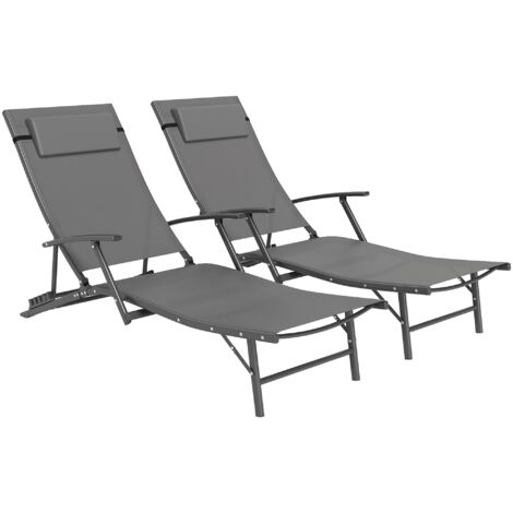 Set 2 Sdraio da Giardino Pieghevoli 64x154x87A cm con Schienale Regolabile e Cuscino Grigio