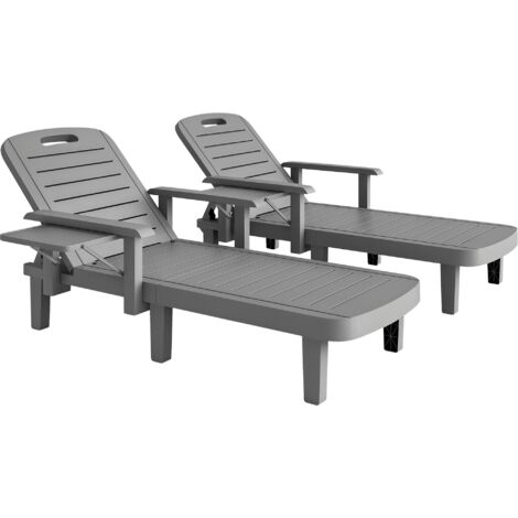 Set 2 Sdraio da Giardino Regolabili con Tavolino e Braccioli, in Polipropilene, 79x158x88 cm, Grigio Scuro