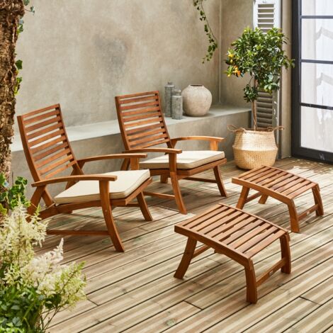 Set 2 sedie con cuscino e poggiapiedi in legno