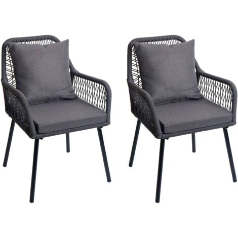 Set 2 sedie da giardino HHG-475, da esterno alluminio intrecciato a corda Rope, antracite, cuscini grigio scuro