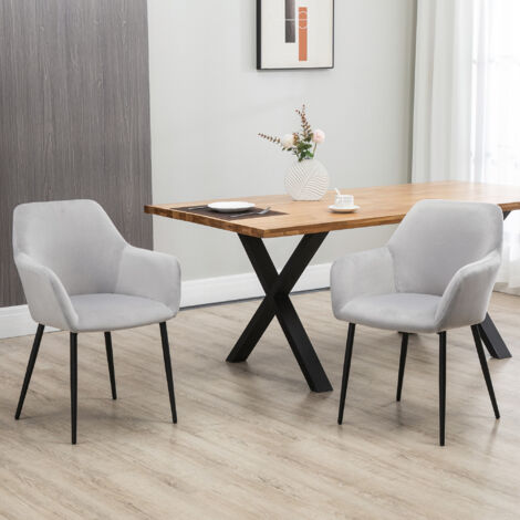 Set 2 Sedie Sala da Pranzo Imbottite in Stile Nordico, Sedie Cucina in Tessuto, Poltrona Imbottita con Braccioli e Gambe in Acciaio per Soggiorno, 54x57x80 cm, Grigio Chiaro