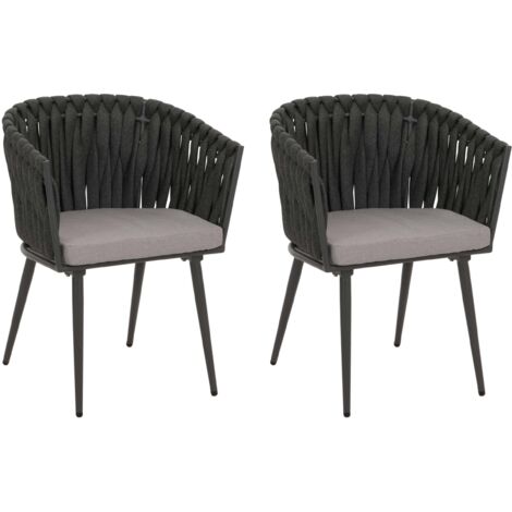 Set 2 sedie soggiorno in alluminio HHG-418, sedie salotto con braccioli, intreccio corda, antracite cuscino grigio